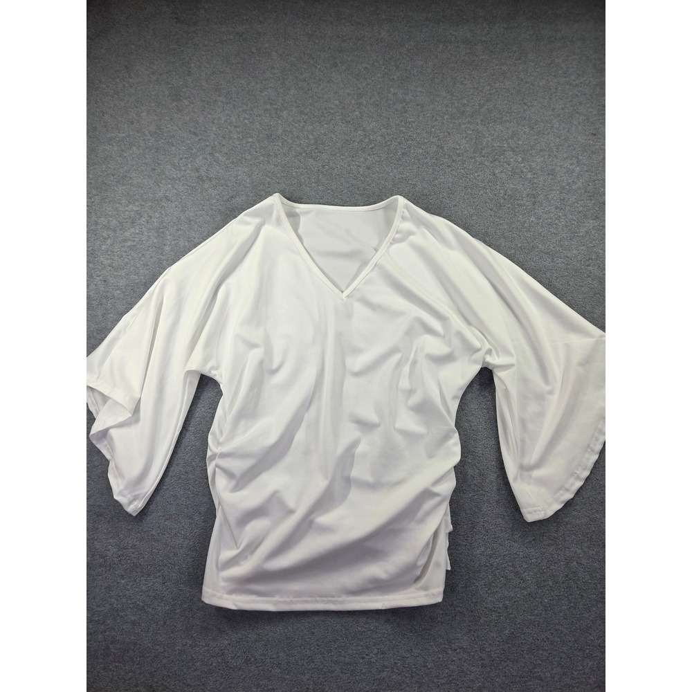 Unbranded Womens Ruched Side Bell Sleeve V-Neck Top Large White Minimalist